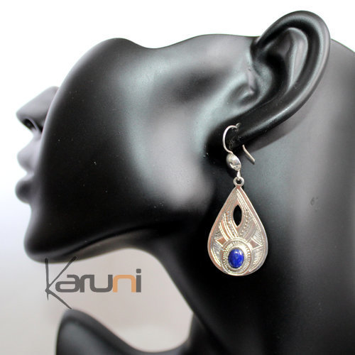 Boucles d'Oreilles en Argent et Pierre 39 Goutte Gravée Ajourée Lapis-Lazuli