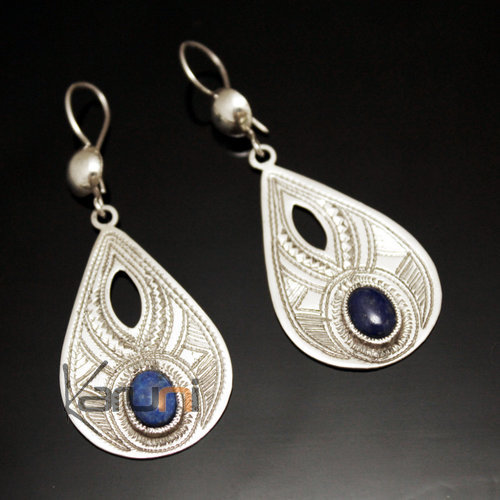 Boucles d'Oreilles en Argent et Pierre 39 Goutte Gravée Ajourée Lapis-Lazuli