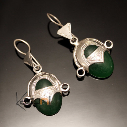 Bijoux Touareg Ethniques Boucles d'Oreilles en Argent et Pierre 60 Tête de Déesse Style Agate Verte