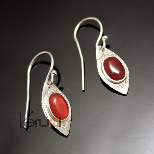 Bijoux Touareg Ethniques Boucles d'Oreilles en Argent et Pierre 61 Petite Feuille Agate Rouge