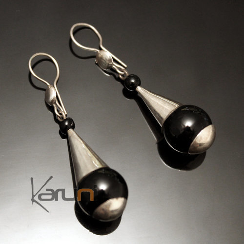 Boucles d'Oreilles en Argent et Pierre 62 Gouttes Longues Perles Onyx Noir