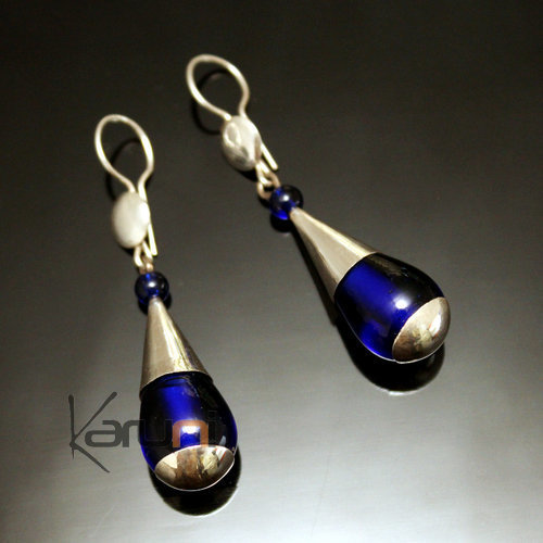 Boucles d'Oreilles en Argent et Pierre 62 Gouttes Longues Perles Verre Bleues