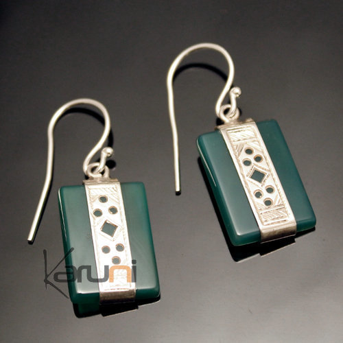 Bijoux Touareg Ethniques Boucles d'Oreilles en Argent et Pierre 67 Rectangle Agate Verte Grave Dentelle
