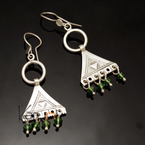 Boucles d'oreilles en Argent 164 Anneau Triangle Gravé Perles Facettes Vertes