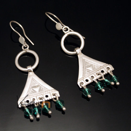 Boucles d'oreilles en Argent 164 Anneau Triangle Gravé Perles Facettes Vertes