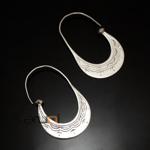 Boucles d'Oreilles Créoles en Argent 52 Plates Longues Gravées Dentelle