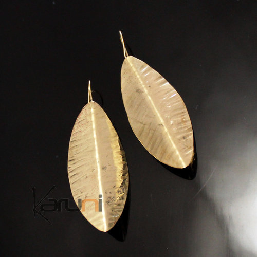 Boucles d'Oreilles Peul Fulani Mali 132 Bronze Doré Feuille Longue Curve