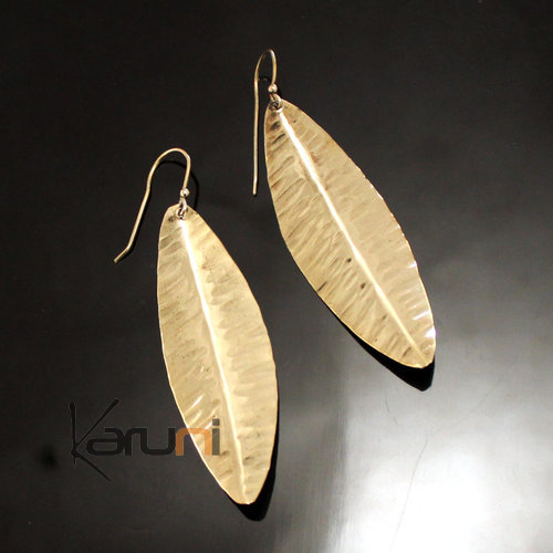 Boucles d'Oreilles Peul Fulani Mali 132A Bronze Doré Feuille Longue Curve Attaches