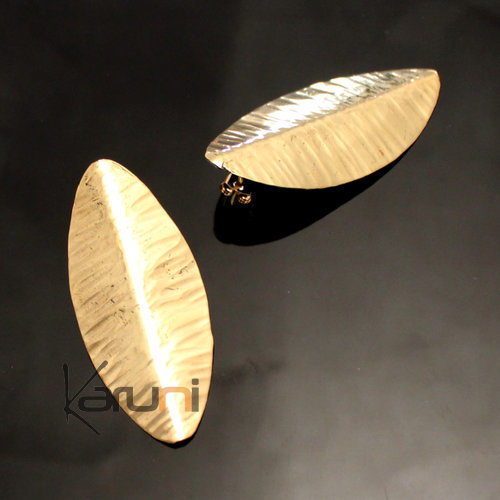 Boucles d'Oreilles Peul Fulani Mali 132C Bronze Doré Feuille Longue Curve Clou