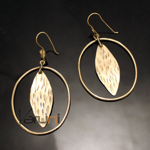 Boucles d'Oreilles Peul Fulani Mali 133 Bronze Doré Feuille Pendant Ovale