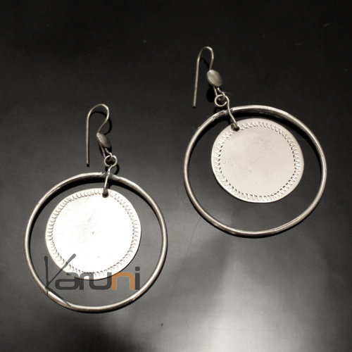 Bijoux Ethniques Africains Boucles d'Oreilles Peul Fulani Mali 108PT Plaqu Argent Pendants Ronds Grav