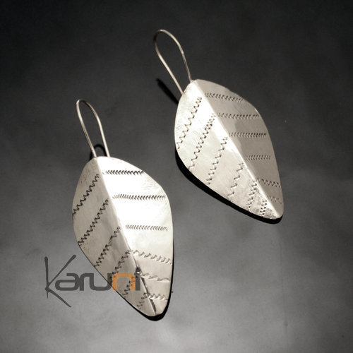 Boucles d'Oreilles Peul Fulani Mali 105T Plaqué Argent Petites Feuilles Larges Gravées