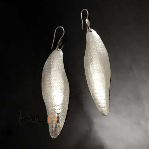 Boucles d'Oreilles Peul Fulani Mali 39PLT Plaqué Argent Grandes Feuilles Gravées