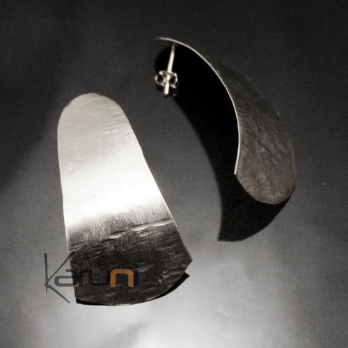 Bijoux Ethniques Africains Boucles d'Oreilles Peul Fulani Mali 101P Plaqu Argent  Clou Feuille Large Design