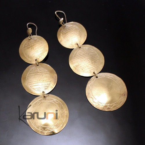 Bijoux Ethniques Africains Boucles d'Oreilles Peul Fulani Mali 145T Bronze Dor Pendants 3 Ronds Gravs