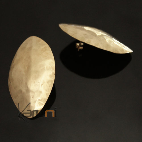 Boucles d'Oreilles Peul Fulani Mali 146 Bronze Doré Feuille Fuseau Clou