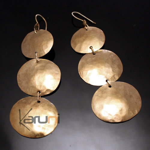 Bijoux Ethniques Africains Boucles d'Oreilles Peul Fulani Mali 152M Bronze Dor 3 Ptales Ovales Martels