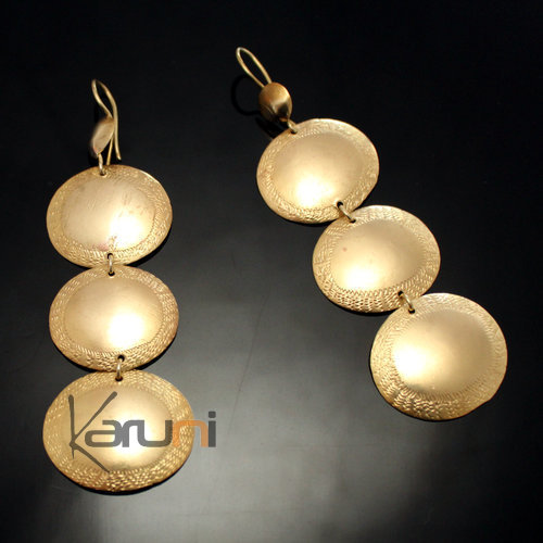 Boucles d'Oreilles Peul Fulani Mali 152T Bronze Doré 3 Pétales Ovales Gravés