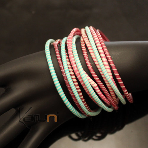 Bijoux Ethniques Africains Bracelets JOKKO en Plastique Recycl Homme Femme Enfant 35 Bleu Turquoise/Rose Indien (x12)b 