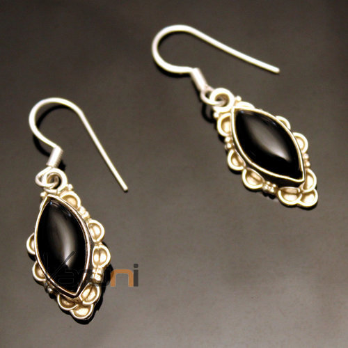 Boucles d'oreilles en Argent 925 106 Navette Filigranes Inde Onyx Noir