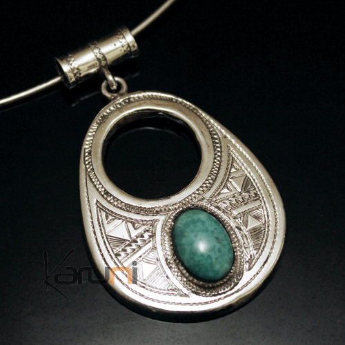 Collier Pendentif en Argent et Pierre Turquoise Véritable Tibet 13 Ovale Gravé