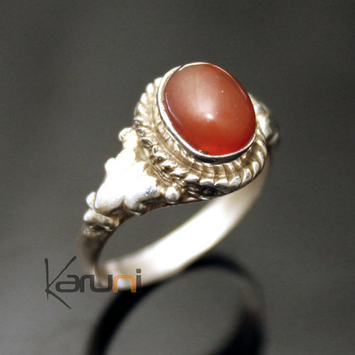 Bague en Argent Massif 925 Inde 08 Fine Feuille Cornaline Rouge Orangé