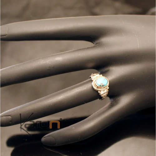 Bague en Argent Massif 925 Inde 09 Fine Feuille Turquoise Bleue