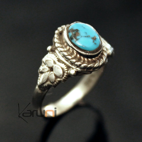 Bague en Argent Massif 925 Inde 09 Fine Feuille Turquoise Bleue