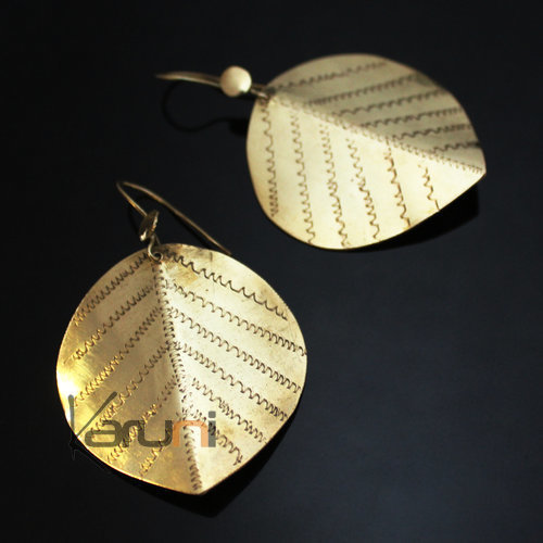 Boucles d'Oreilles Peul Fulani Mali 153T Bronze Doré Large Feuille Gravée