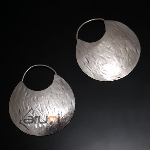 Boucles d'Oreilles Créoles Peul Fulani Mali 111PMXL Bain Argent Plates 4,5 cm Martelées