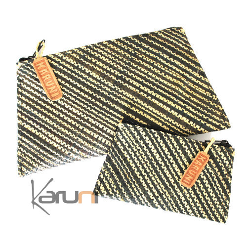 Pochette porte monnaie raffia  motifs Lot de 2 - vert kaki et naturel/crme