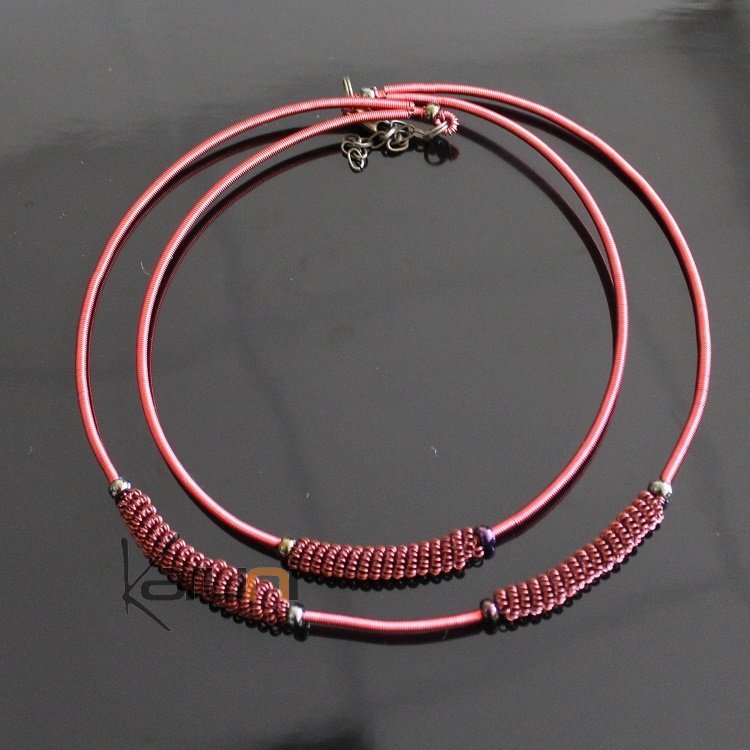 Collier Ethnique En Cuivre - Perles Résine Rouge, Bijou Rétro Mi-long, Parfait état
