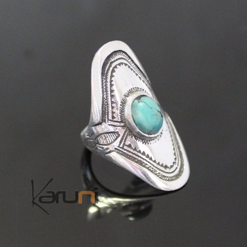 Bijoux Touareg Ethniques Bague en Argent Navette Grave 53 Pierre Turquoise