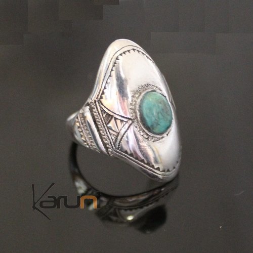 Bijoux Touareg Ethniques Bague en Argent Navette Grave 54 Pierre Turquoise