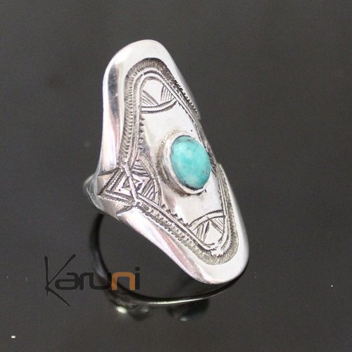 Bague en Argent Navette Gravée 57 Pierre Turquoise