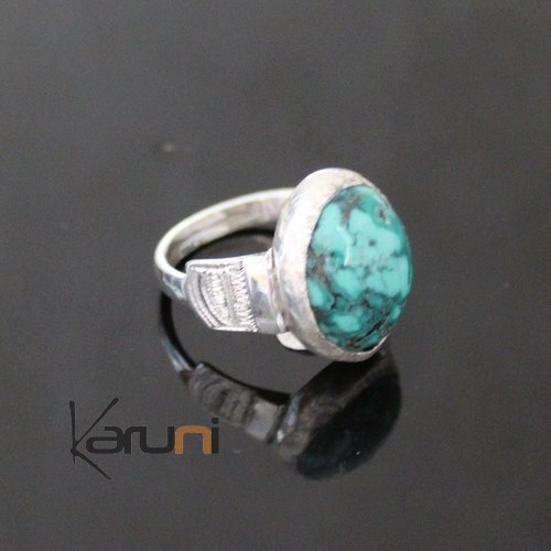 Bijoux Touareg Ethniques Bague en Argent Grave 60 Pierre Turquoise