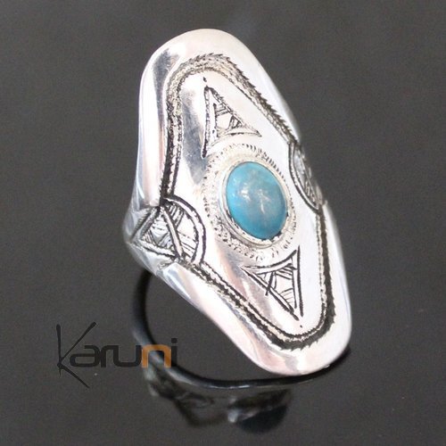 Bague en Argent Navette Gravée 64 Pierre Turquoise