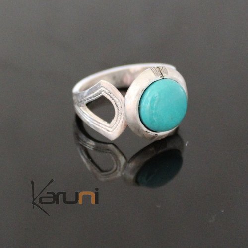 Bague en Argent Ronde Gravée 68 Pierre Turquoise