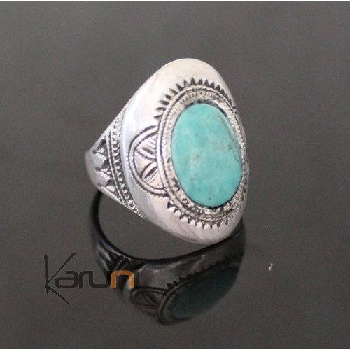 Bague en Argent Ovale Gravée 70 Pierre Turquoise