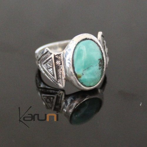 Bijoux Touareg Ethniques Bague en Argent Ovale Grave 71 Pierre Turquoise