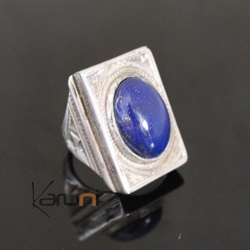 Bague en Argent Rectangle Gravée 45 Pierre Lapis