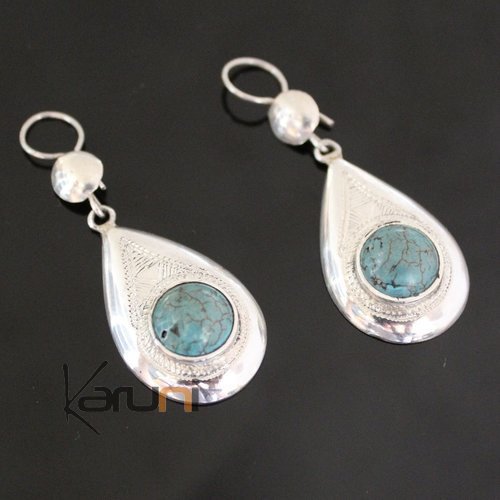 Bijoux Touareg Ethniques Boucles d'Oreilles en Argent et Pierre Turquoise 62