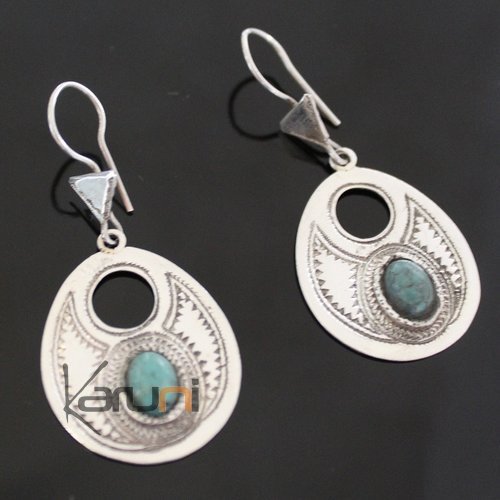 Bijoux Touareg Ethniques Boucles d'Oreilles en Argent et Pierre Turquoise 63