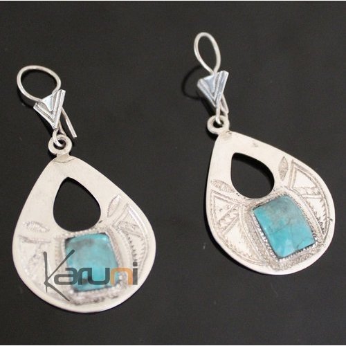 Bijoux Touareg Ethniques Boucles d'Oreilles en Argent et Pierre Turquoise 64