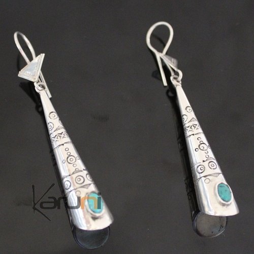 Bijoux Touareg Ethniques Boucles d'Oreilles en Argent et Pierre Turquoise 67