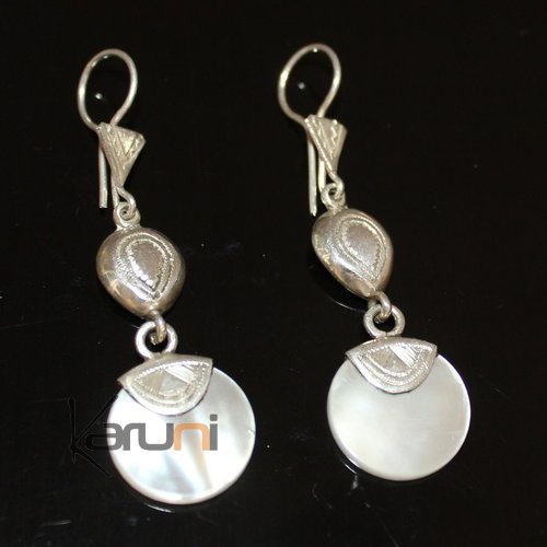 Bijoux Touareg Ethniques Boucles d'Oreilles en Argent et Pierre 40 Pendants Rond de Nacre 