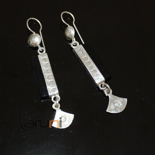 Bijoux Touareg Ethniques Boucles d'Oreilles en Argent et Pierre 103 Onyx Rectangle Petit Lotus