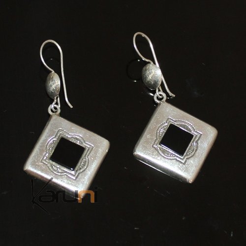 Boucles d'Oreilles en Argent et Pierre 104 Onyx Losange