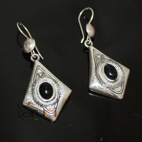 Bijoux Touareg Ethniques Boucles d'Oreilles en Argent et Pierre 105 Onyx 