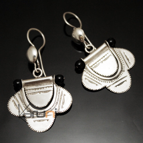 Boucles d'oreilles Touareg Pendantes Fleurs en Argent et Perles Noires 54